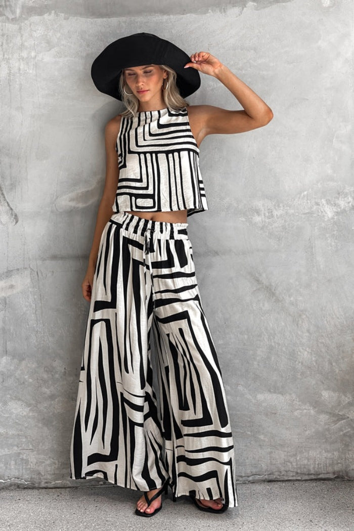 B&W Sleeveless Top and Wide-leg Pants Set Picture Color CJ Dropshipping B&W Print Sleeveless Pantsuit