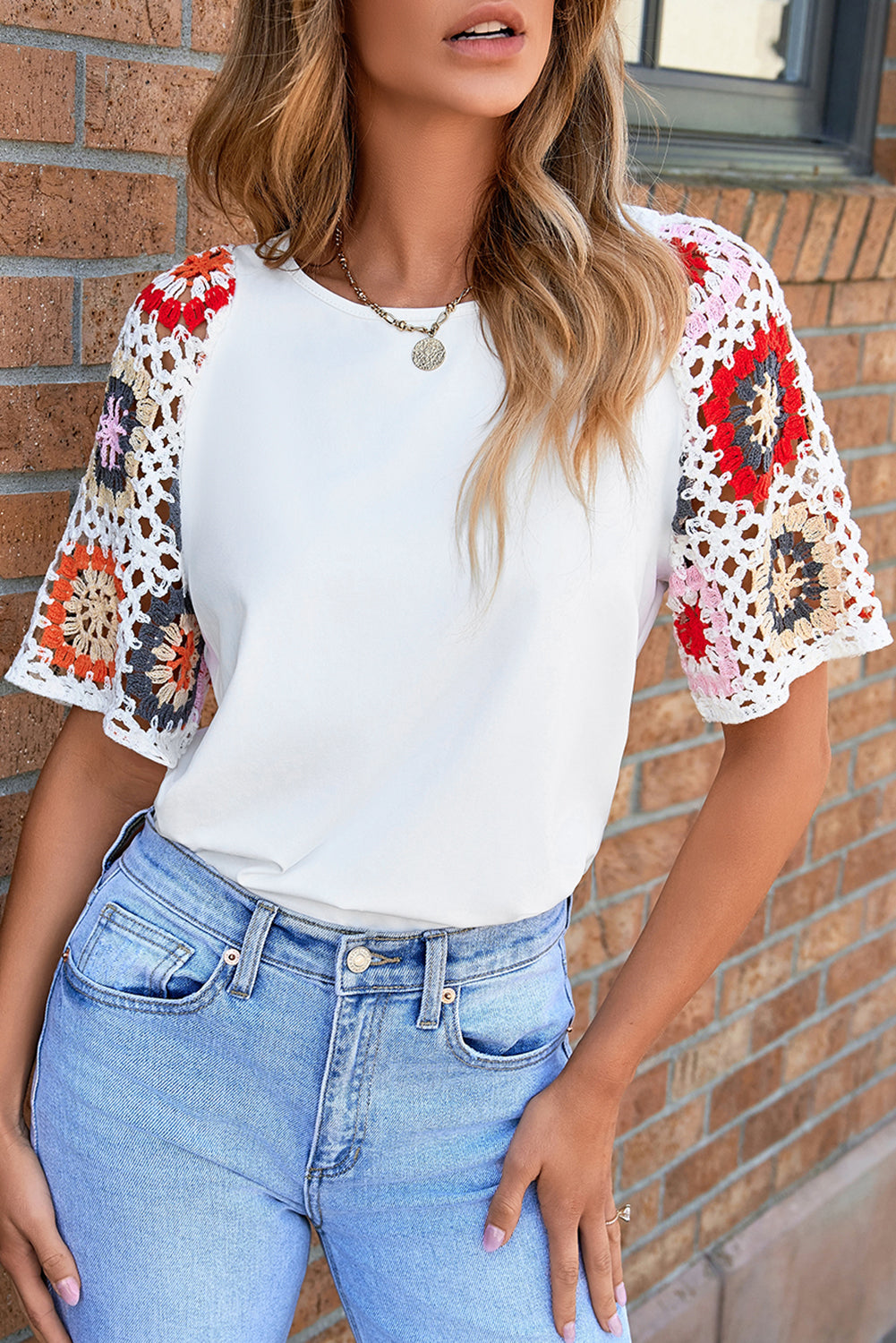 White Floral Crochet Half Sleeve Top