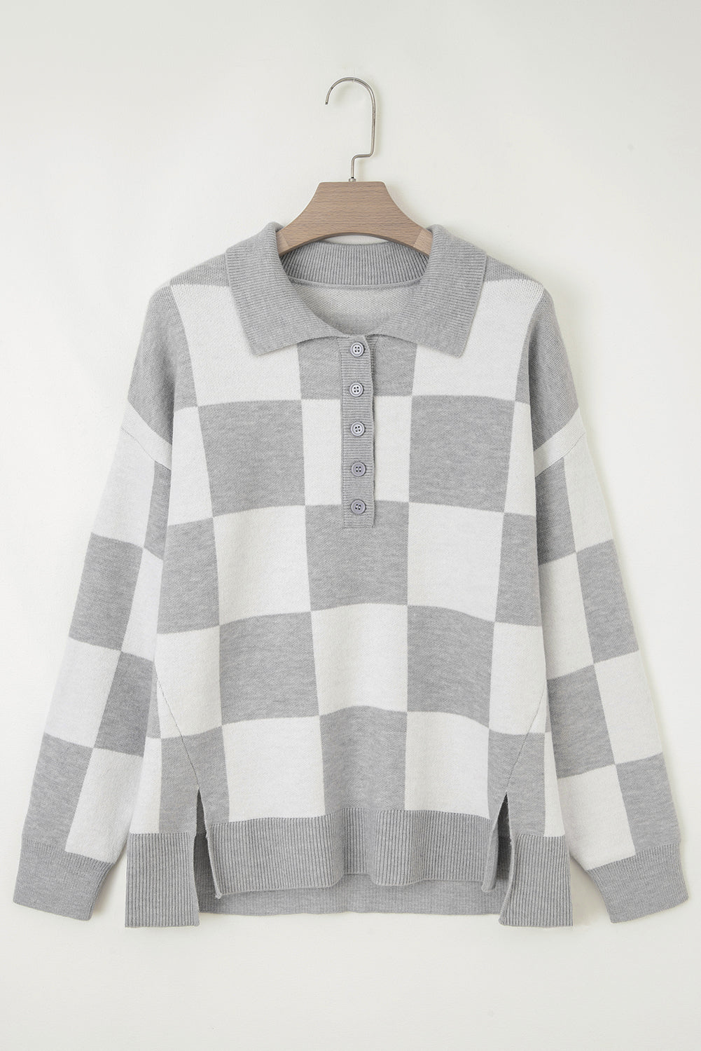 Gray Plus Size Checkered Pattern Button Polo Collar Split Sweater Bazaare Mart Plus Size/Plus Size Sweaters & Cardigans