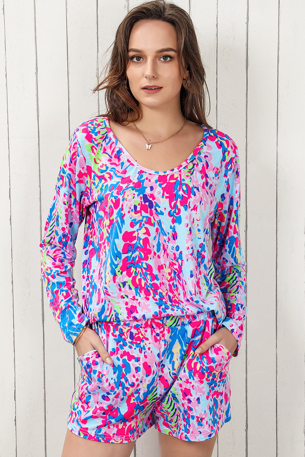 Multicolor Printed 3/4 Sleeve Split Neck Plus Size Tunic Top