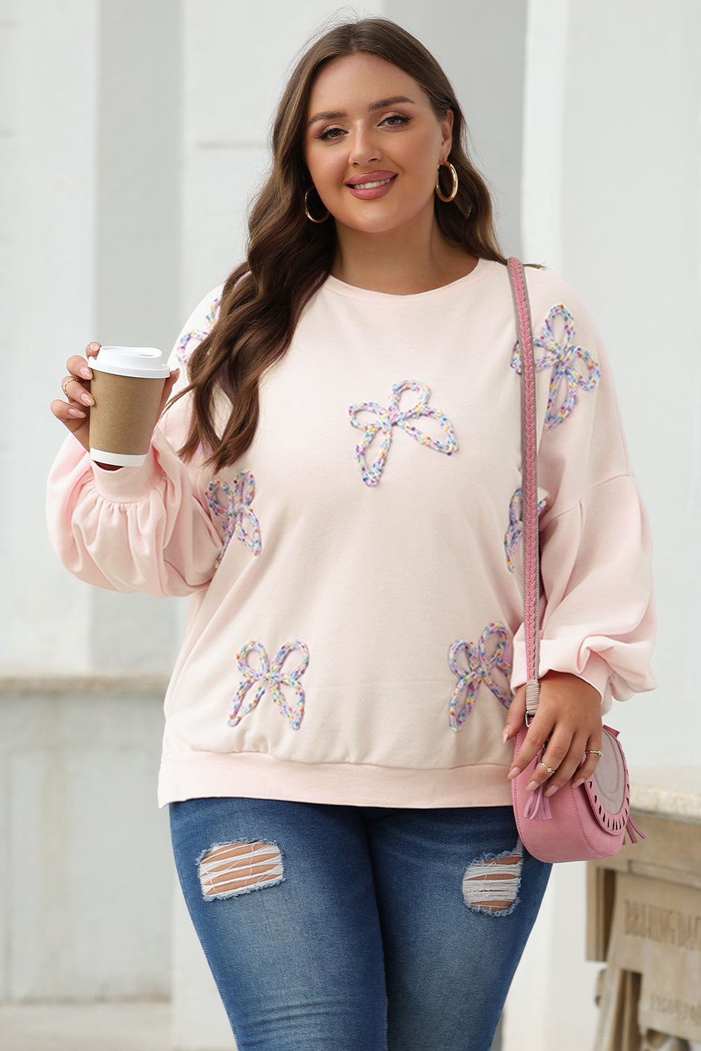 Parchment Embroidered Bow Lantern Sleeve Sweatshirt