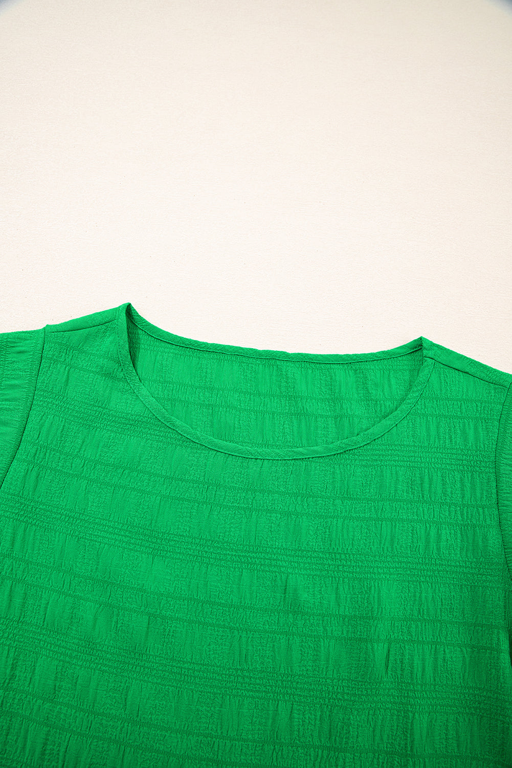 Green Textured Ruffled Sleeve Round Neck Top