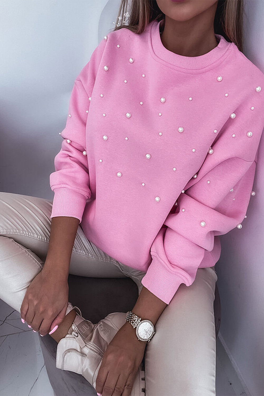 Pink Pearl Detail Crew Neck Sweatshirt 