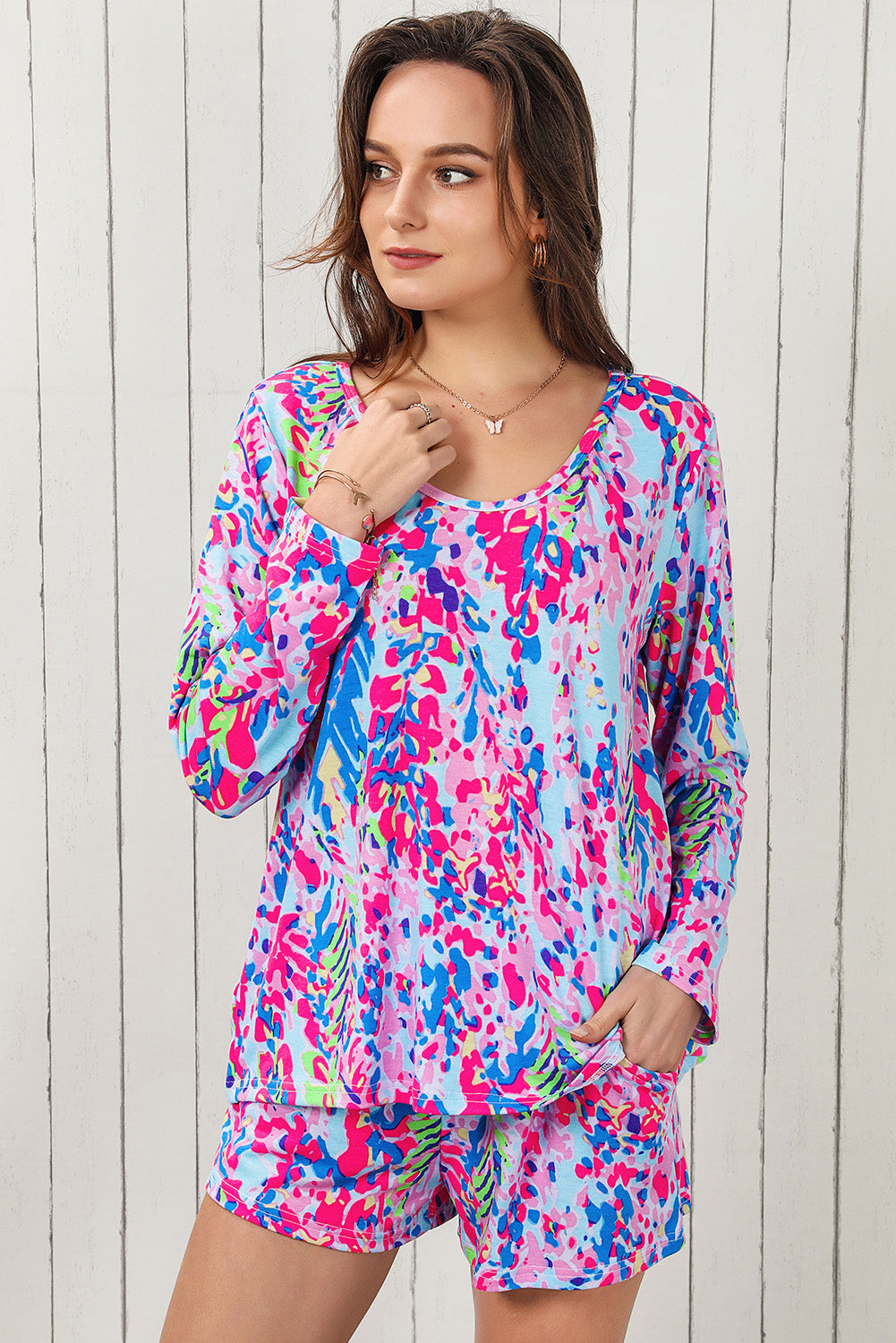 Multicolor Printed 3/4 Sleeve Split Neck Plus Size Tunic Top