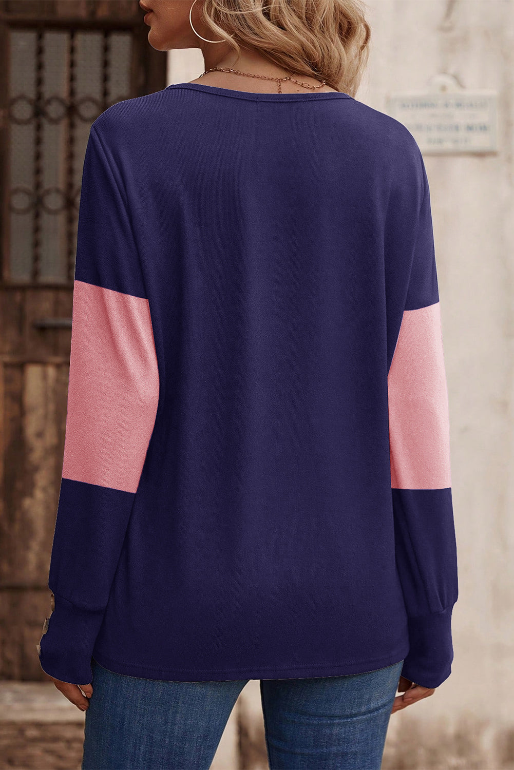 Navy & Pink Stripe Colorblock Long Sleeve V Neck Top