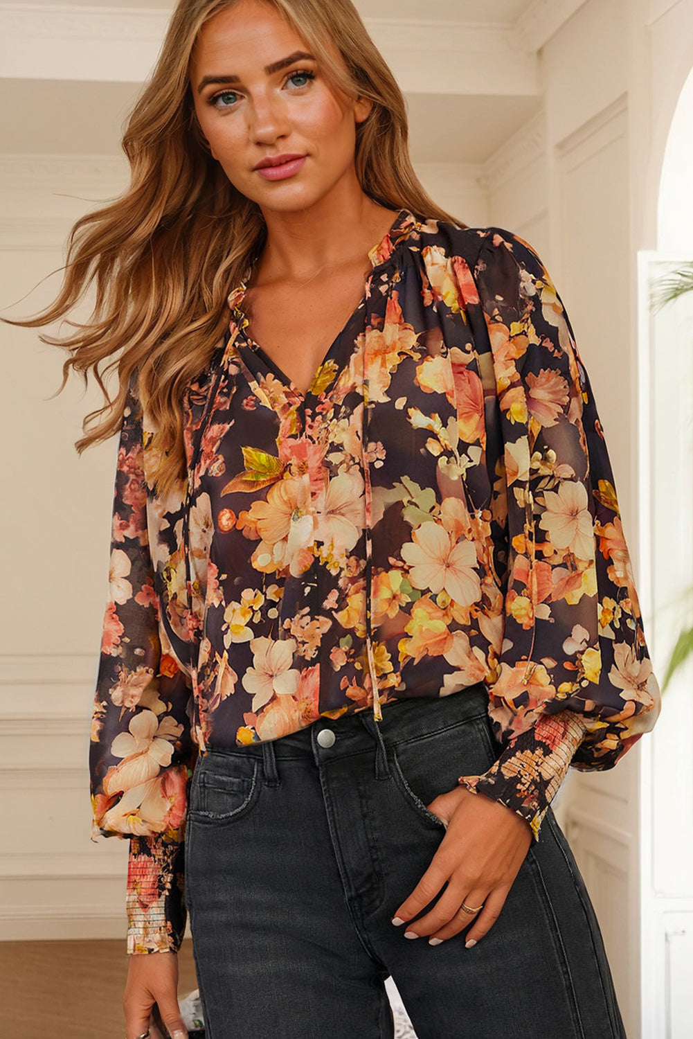 Black Floral V Neck Long Puff Sleeve Breezy Blouse Dear-Lover Dropshipping Tops/Blouses & Shirts