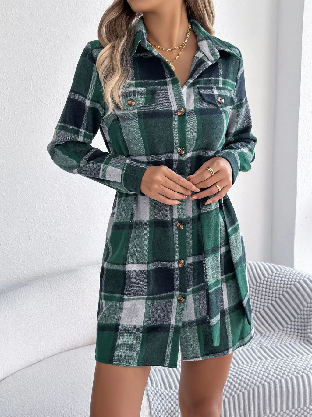 Plaid Button Front Tie Waist Mini Shirt Dress Bazaare Mart Plaid Long Sleeve Shirt Dress