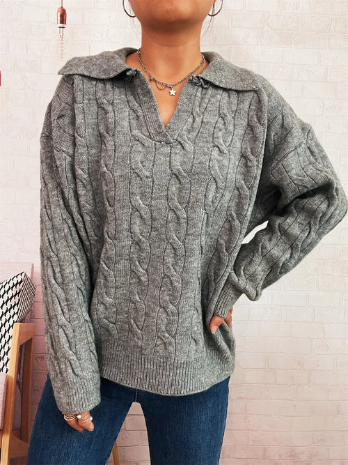 Cable Knit Johnny Collar Sweater Bazaare Mart Collared Cable Knit Sweater