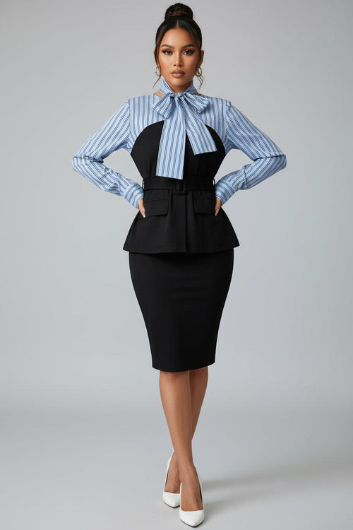 B&B Striped Long Sleeve Bow Tied Blouse Bazarre Mart Striped Long Sleeve Blouse with Bow Tie