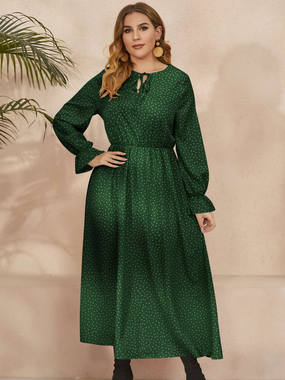 Fall Ruffled Polka Dot Long Sleeve Midi Dress