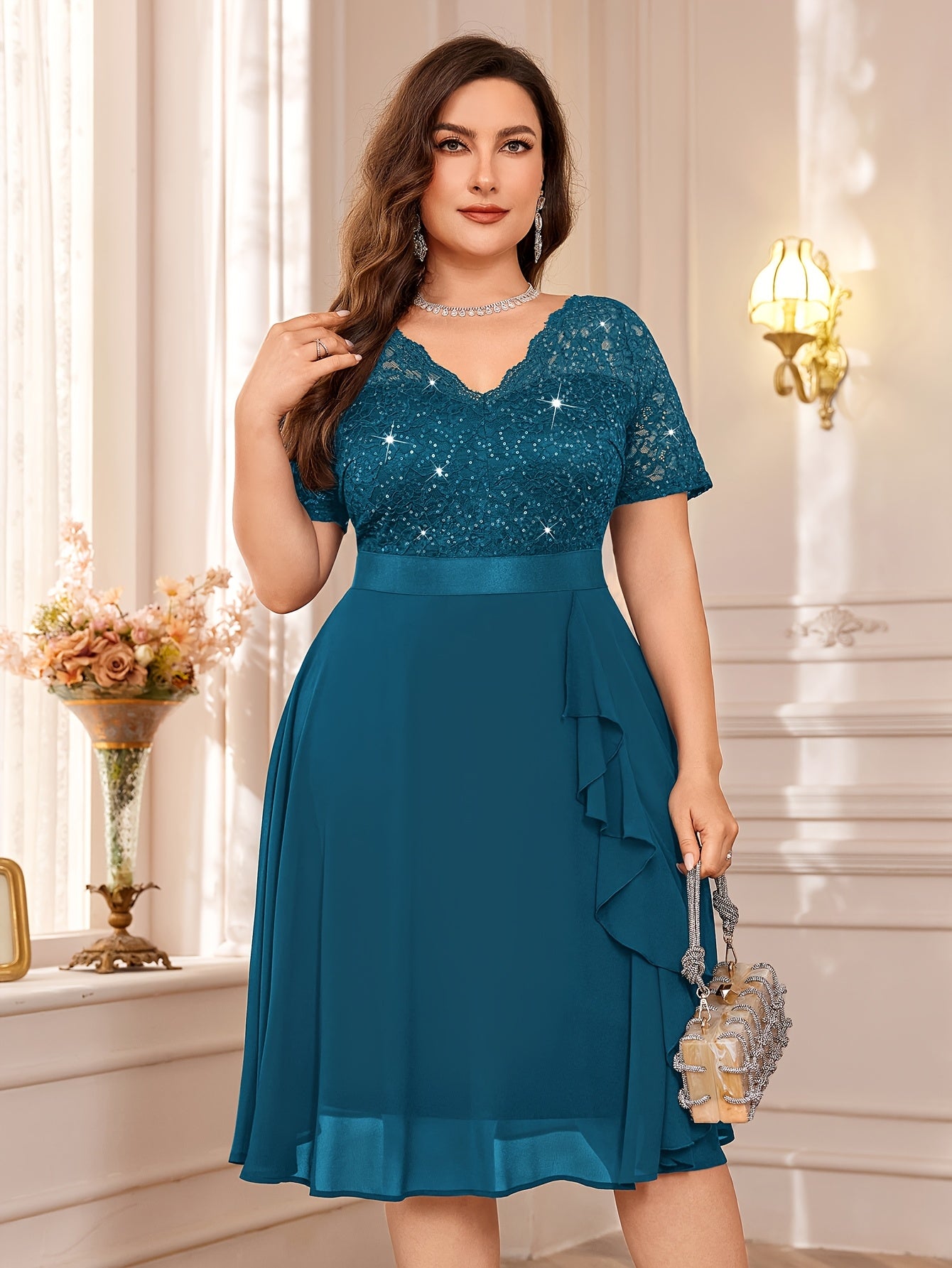 Peacock Blue Sequin Lace V-Neck Short Sleeve Chiffon Ruffle Hem Dress