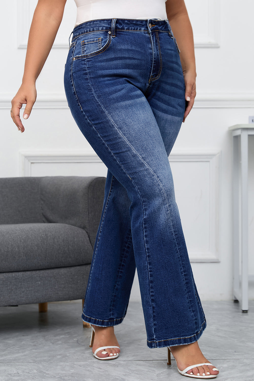 Dark Blue Washed Plus Size Flare Jeans