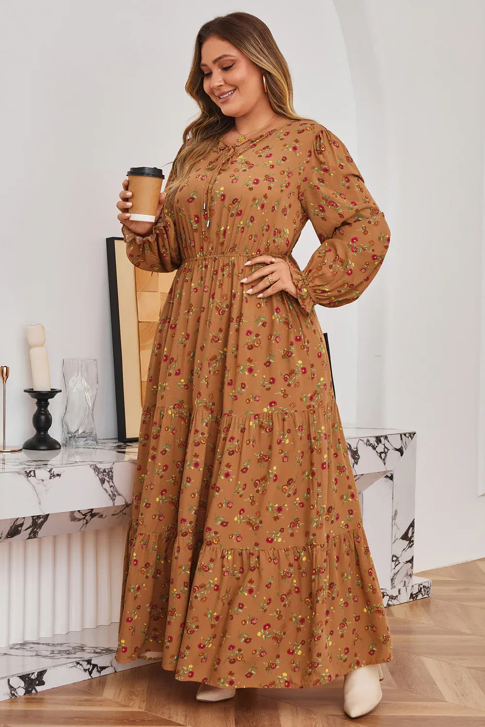Brown Floral Ruffled Sleeve Tiered Maxi Dress Bazaare Mart Plus Size/Plus Size Dresses/Plus Size Maxi Dresses