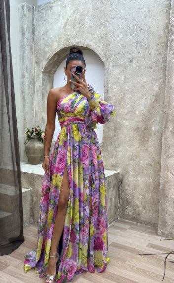 One-shoulder Long-sleeved Maxi Dress Gold L CJ Dropshipping Single Long Sleeve Wrap Around Maxi Dres