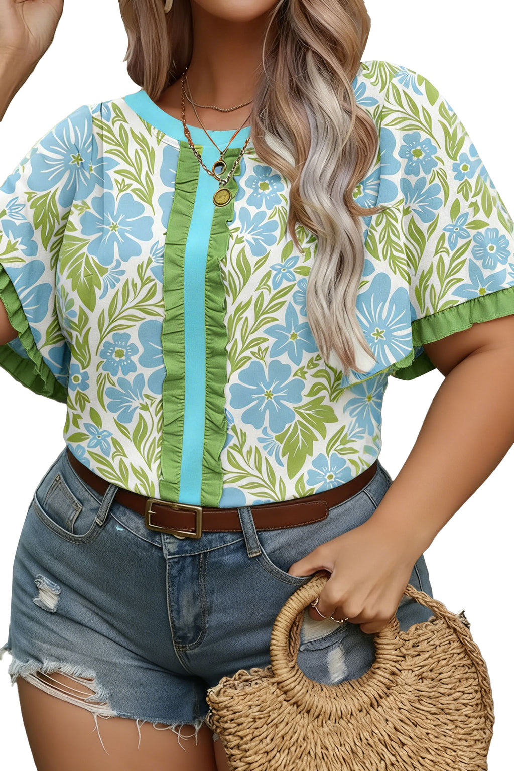 Plus Size Floral Blouse – Sky Blue Frilled Sleeve Color Block Trim Top Dear-Lover Dropshipping Plus Size/Plus Size Tops/Plus Size Blouses & Shirts