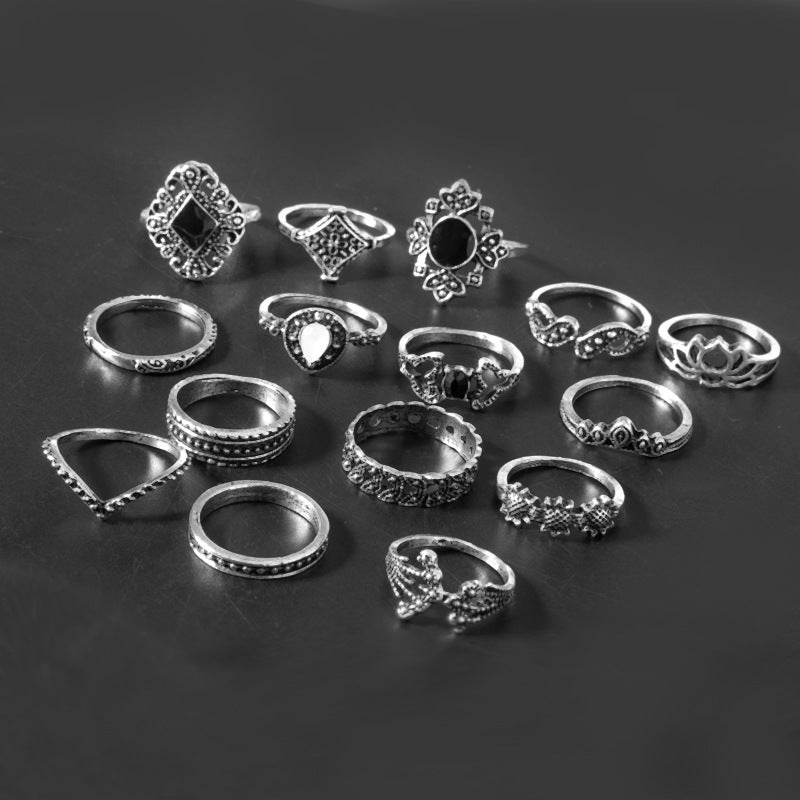 Black & Silver 15 Piece Alloy Vintage Ring Set