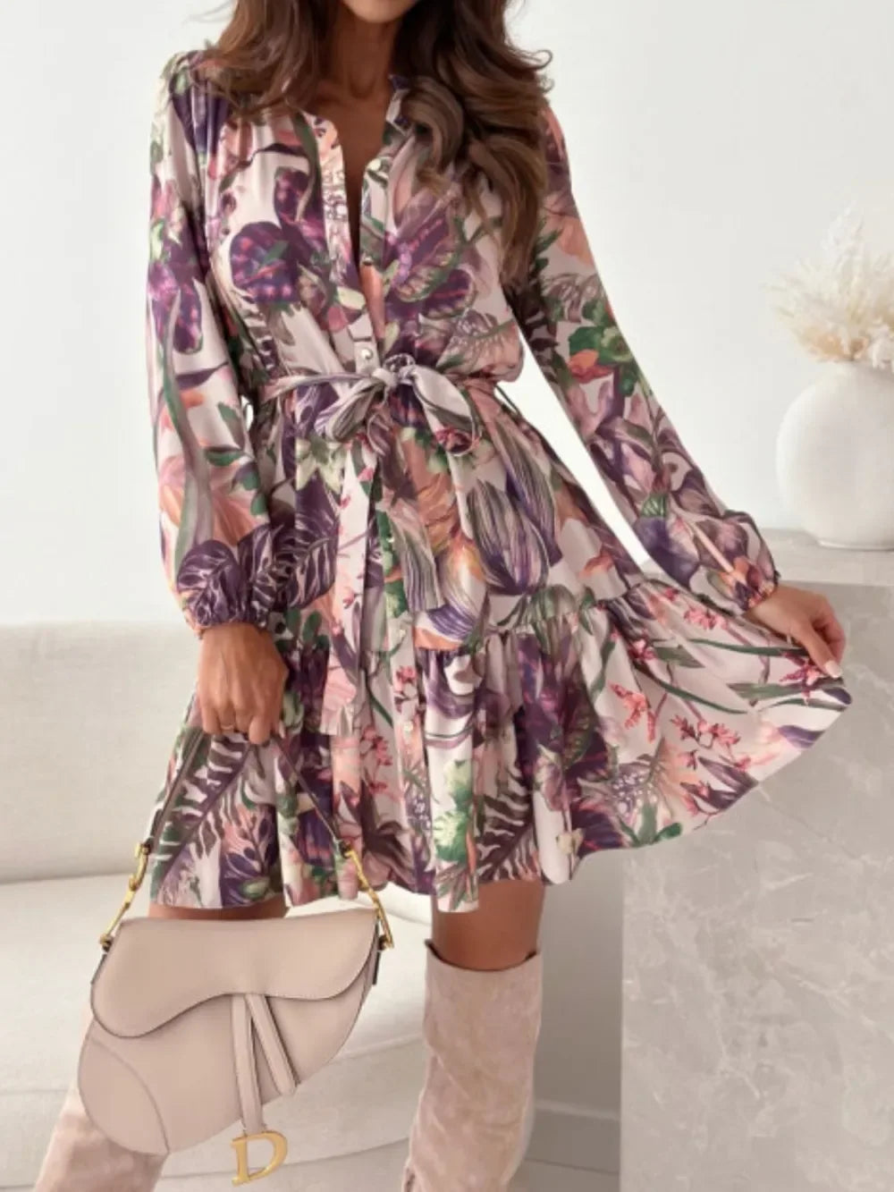 Ruffle Hem Floral Long Sleeve Mini Dress Bazarre Mart Ruffle Hem Floral Long Sleeve Dress