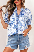 Blue Toile Print Smocked Puff Sleeve Blouse Blue 100%Polyester Dear-Lover Dropshipping Tops/Blouses & Shirts