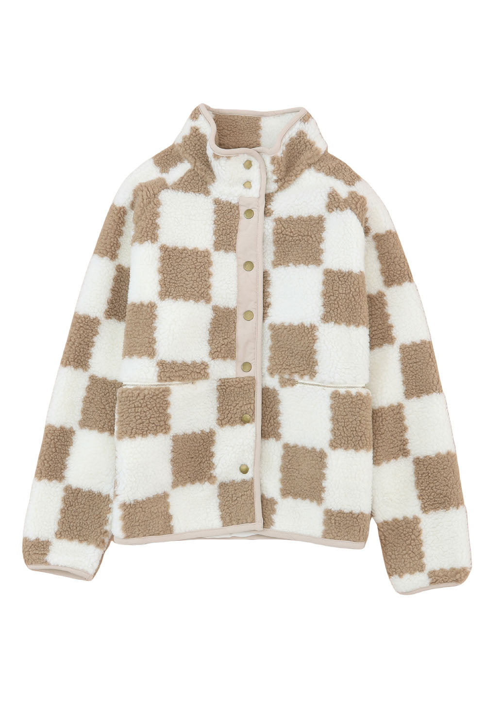 Brown Checked Snap Up Sherpa Jacket