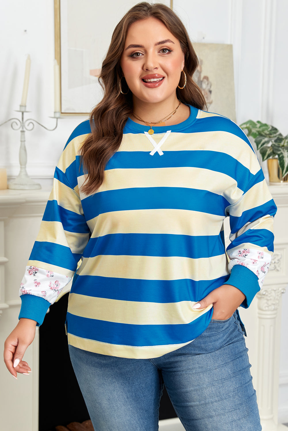 Blue Stripe Patchwork Floral Long Sleeve Pullover Top Bazaare Mart Plus Size/Plus Size Sweatshirts & Hoodies