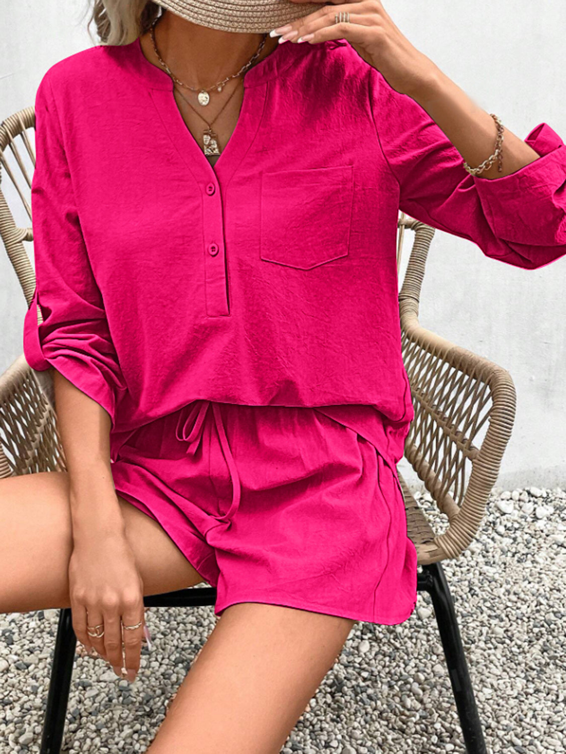 Rolled Long Sleeve Top and Drawstring Shorts Set