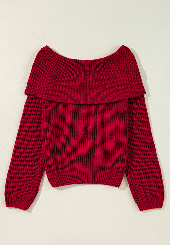 Red Ribbed Off-Shoulder Sweater