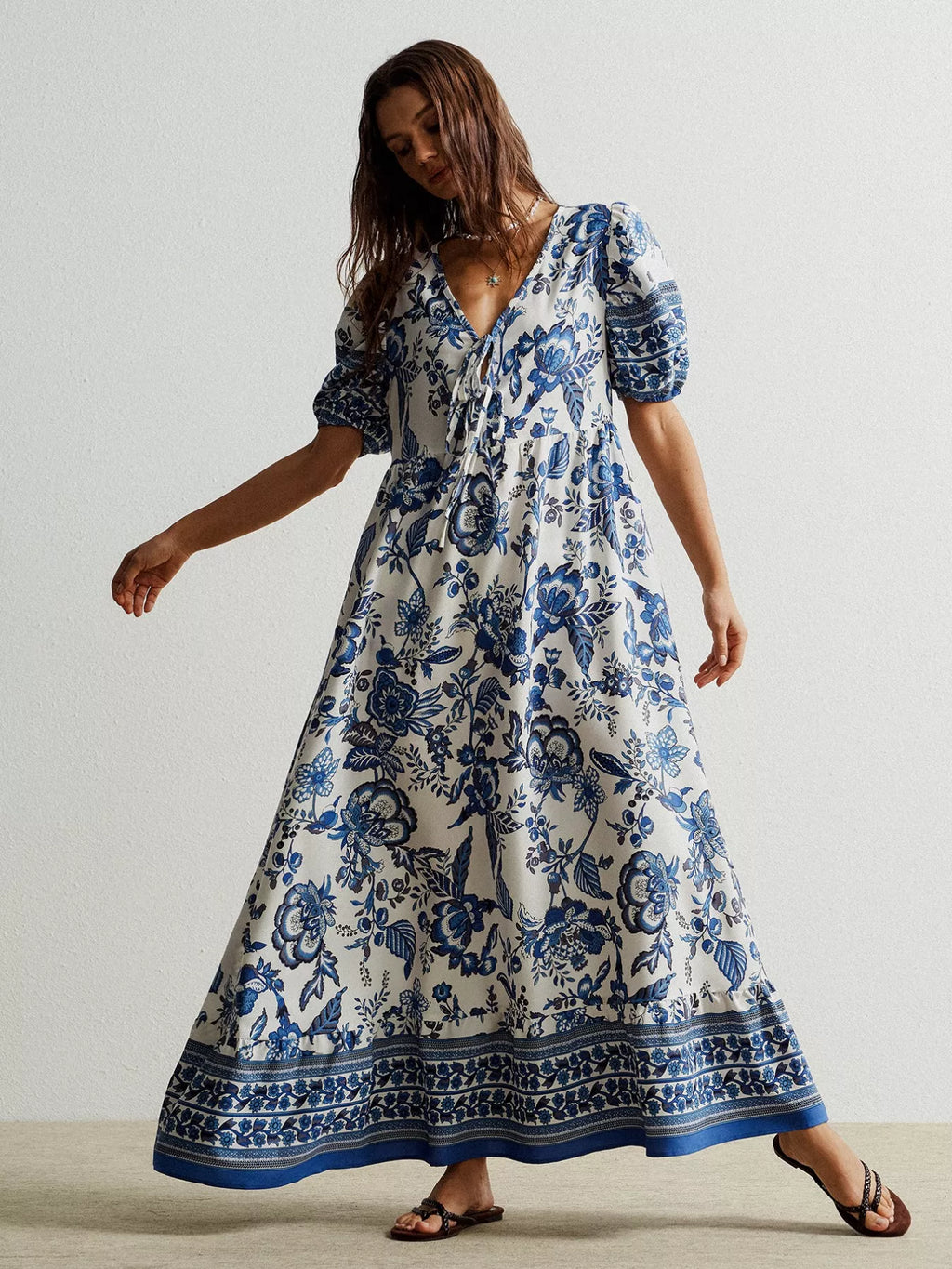Blue Floral V-Neck Puff Half Sleeve Maxi Bazaare Mart Floral Print Tie-Neck Puff Sleeve Maxi Dress