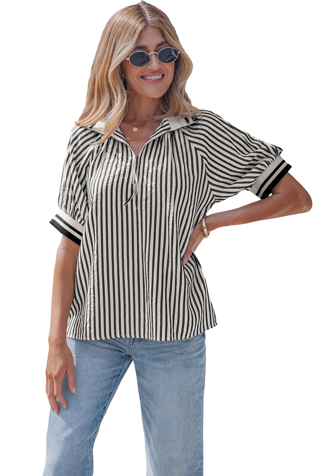 Black Stripe Polo Collar Half Zip Short Puff Sleeve Blouse Dear-Lover Dropshipping Tops/Blouses & Shirts