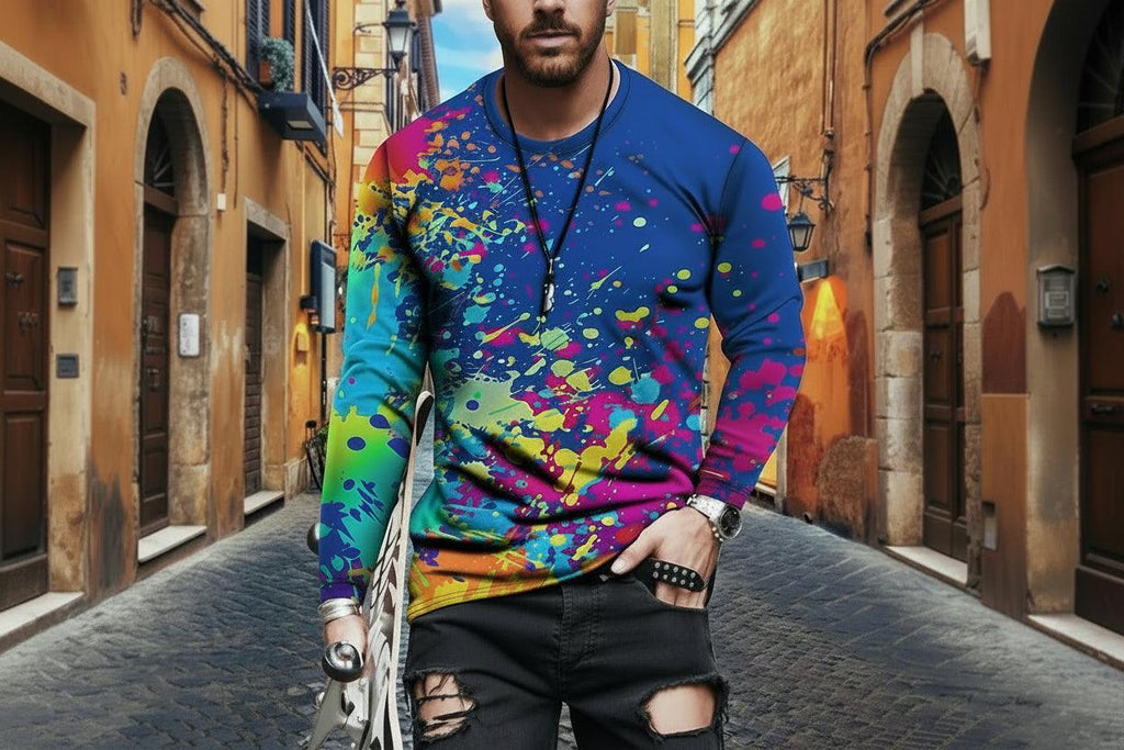 Men’s Geometric Print Long Sleeve T-Shirt – Slim Fit Casual Crew Neck Tee | Modern Graphic Shirts 5Color CJ Dropshipping Abstract Long Sleeve Tee