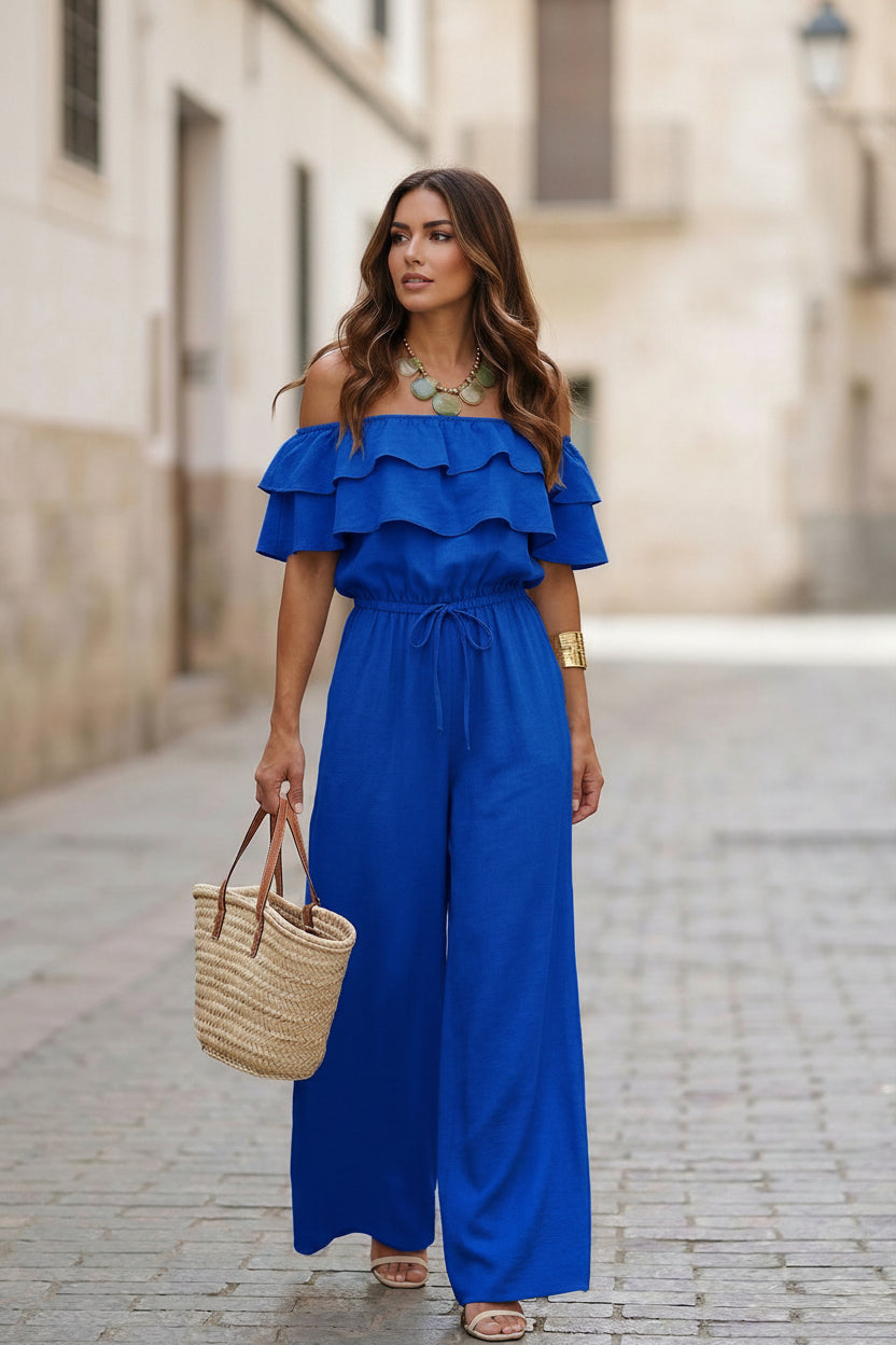 Women’s Ruffled Off-Shoulder Cinched Waist Wide Leg Jumpsuit Blue CJ Dropshipping Ruffle Top Jumpsuit