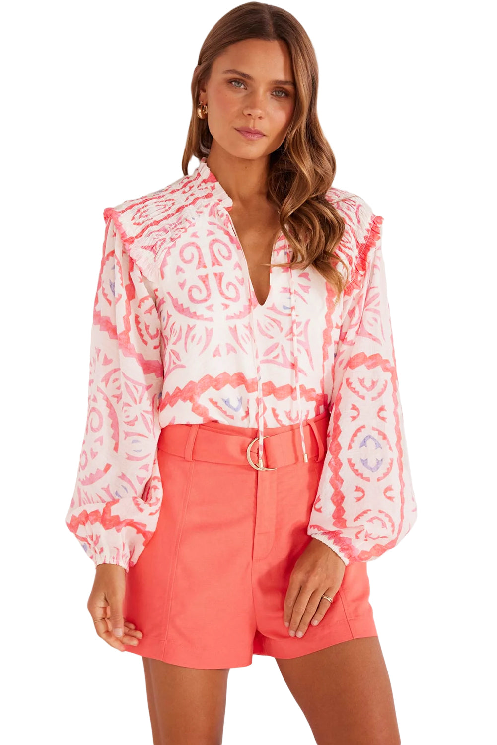 Coral Desert Flower Billowy Sleeve Blouse