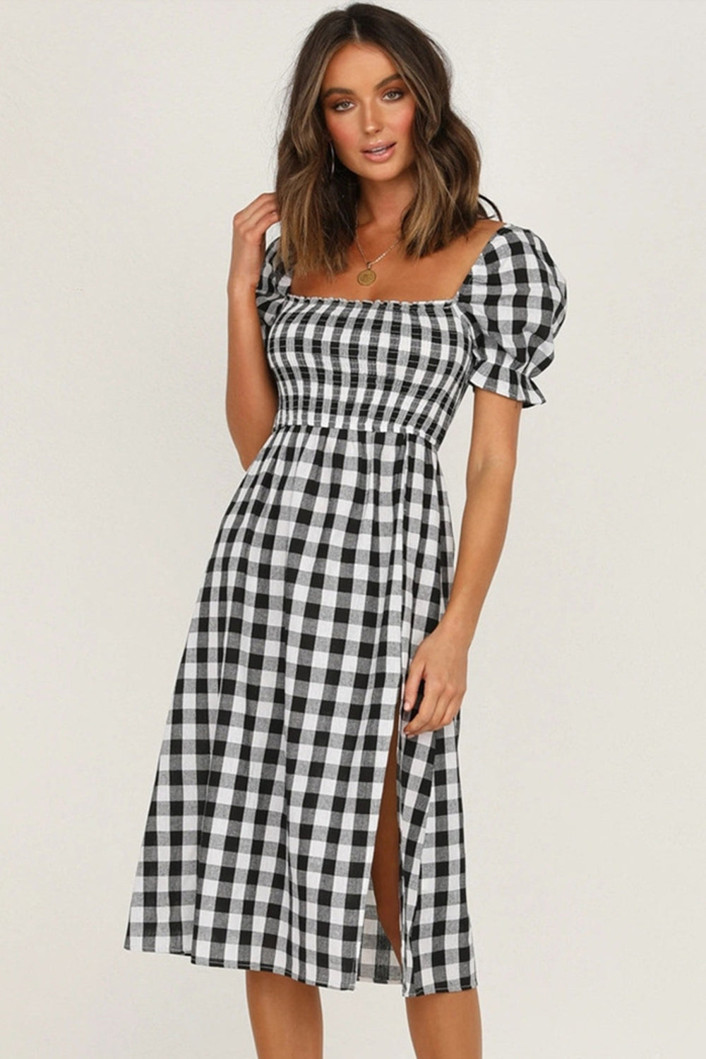 Plaid Short Sleeve Midi Dress