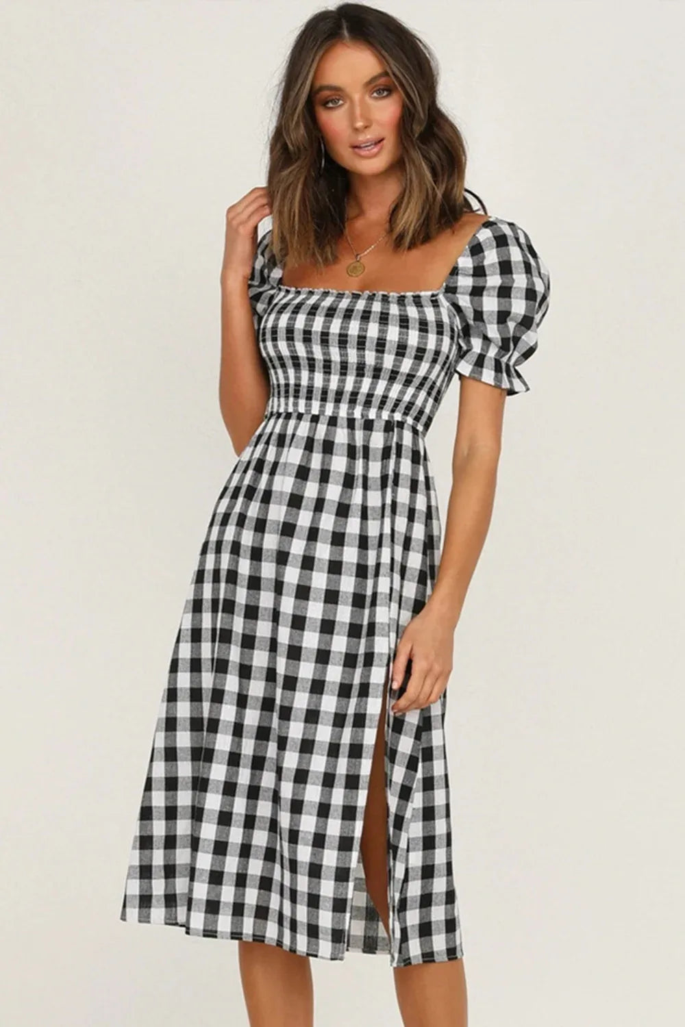 Plaid Short Sleeve Midi Dress Trendsi Plaid Short Sleeve Midi Dress