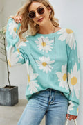 Daisy Pullover Sweater Green Bazaare Mart Daisy Print Openwork Round Neck Sweater