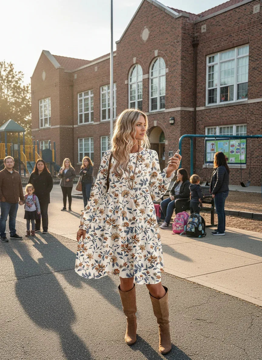 Round Neck Long Sleeve Tiered Empire Dress Bazaare Mart Round Neck Long Sleeve Tiered Empire Dress