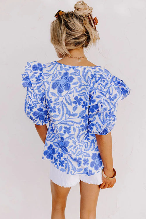 Blue Floral Ruffled Bubble Sleeve Blouse Bazaare Mart Tops/Blouses & Shirts