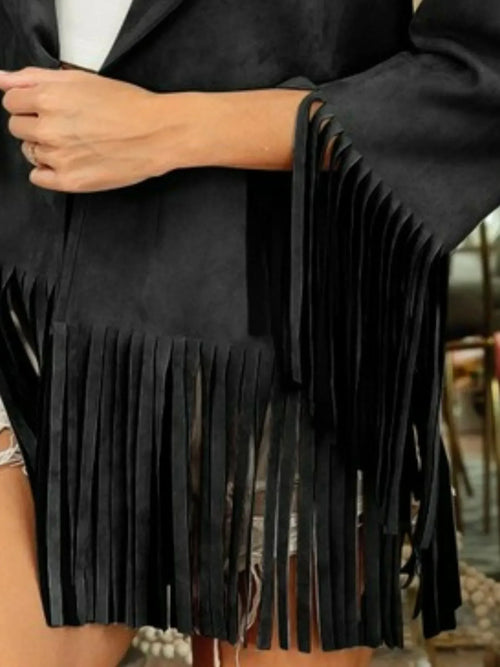 BiBi Black Suede Single Button Fringed Hem Blazer Bazaare Mart Fringe Jacket