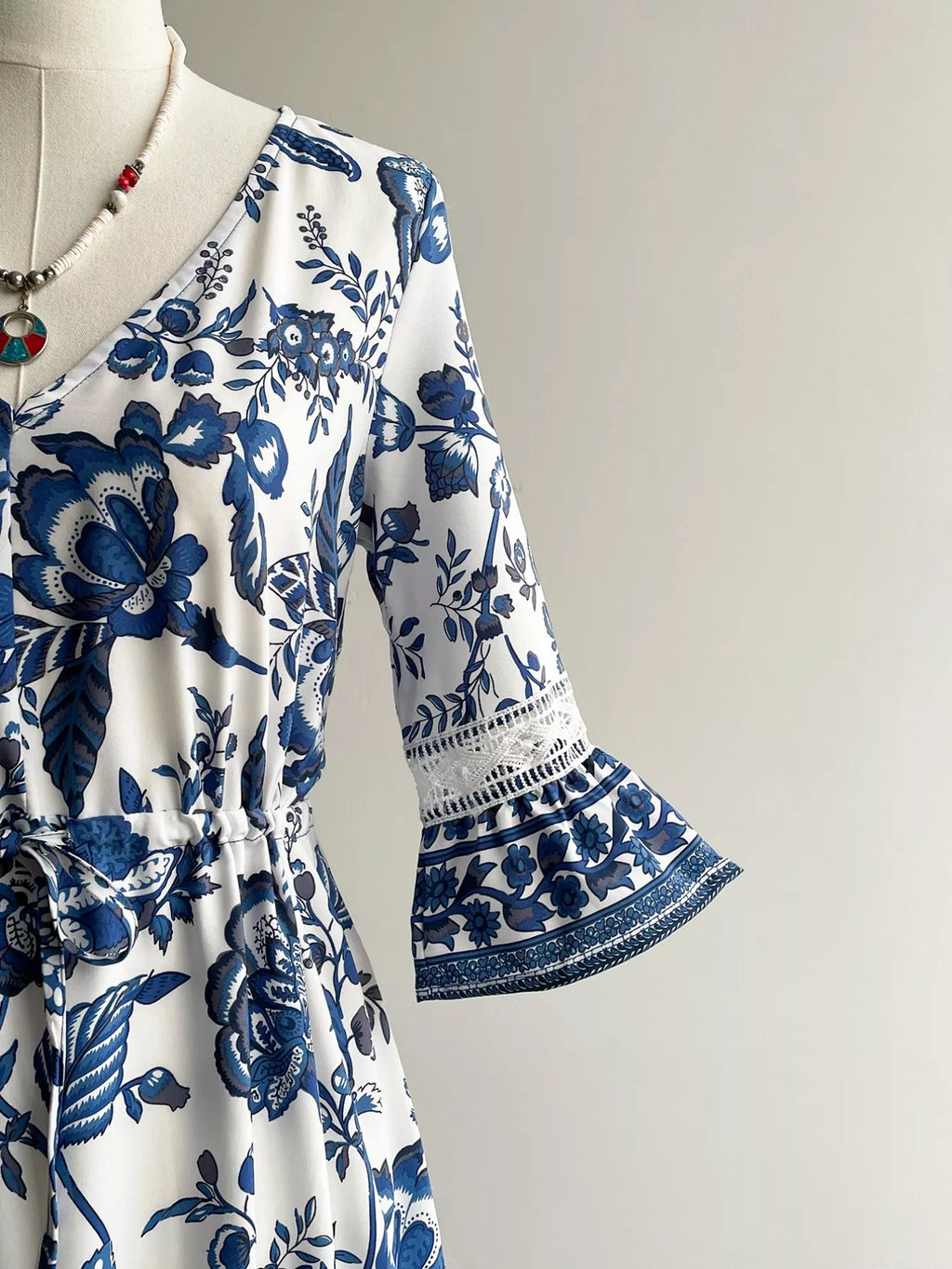 Blue Floral V-Neck Flounce Sleeve Dress Bazaare Mart Floral Print V-Neck Flounce Sleeve Dress