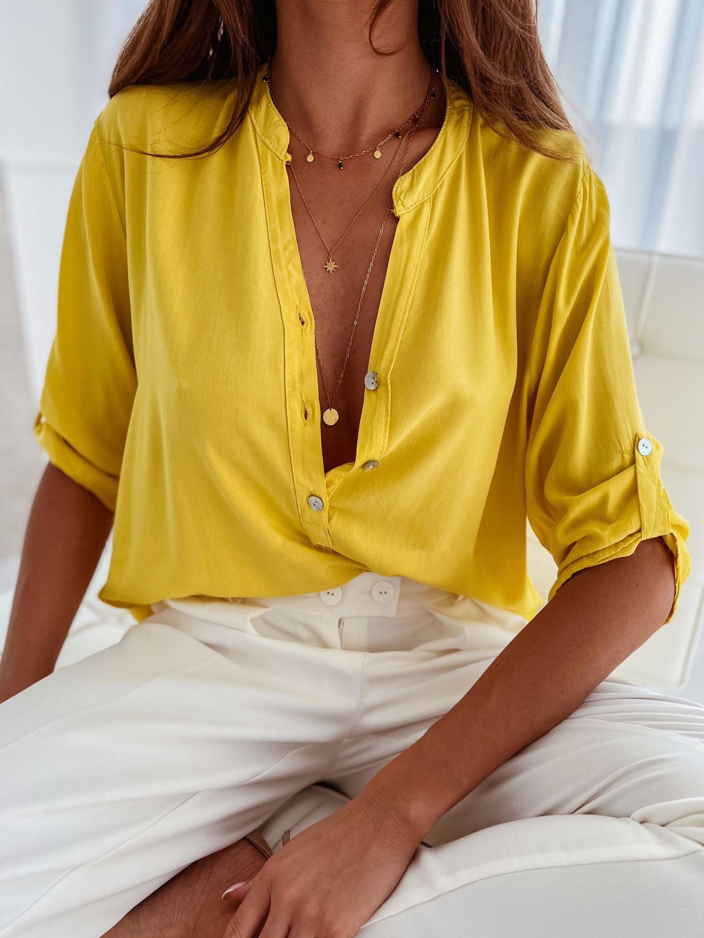 Yellow Half Button Notched Half Sleeve Blouse