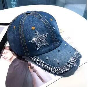 Distressed Blue Denim Rhinestone Star Baseball Cap 