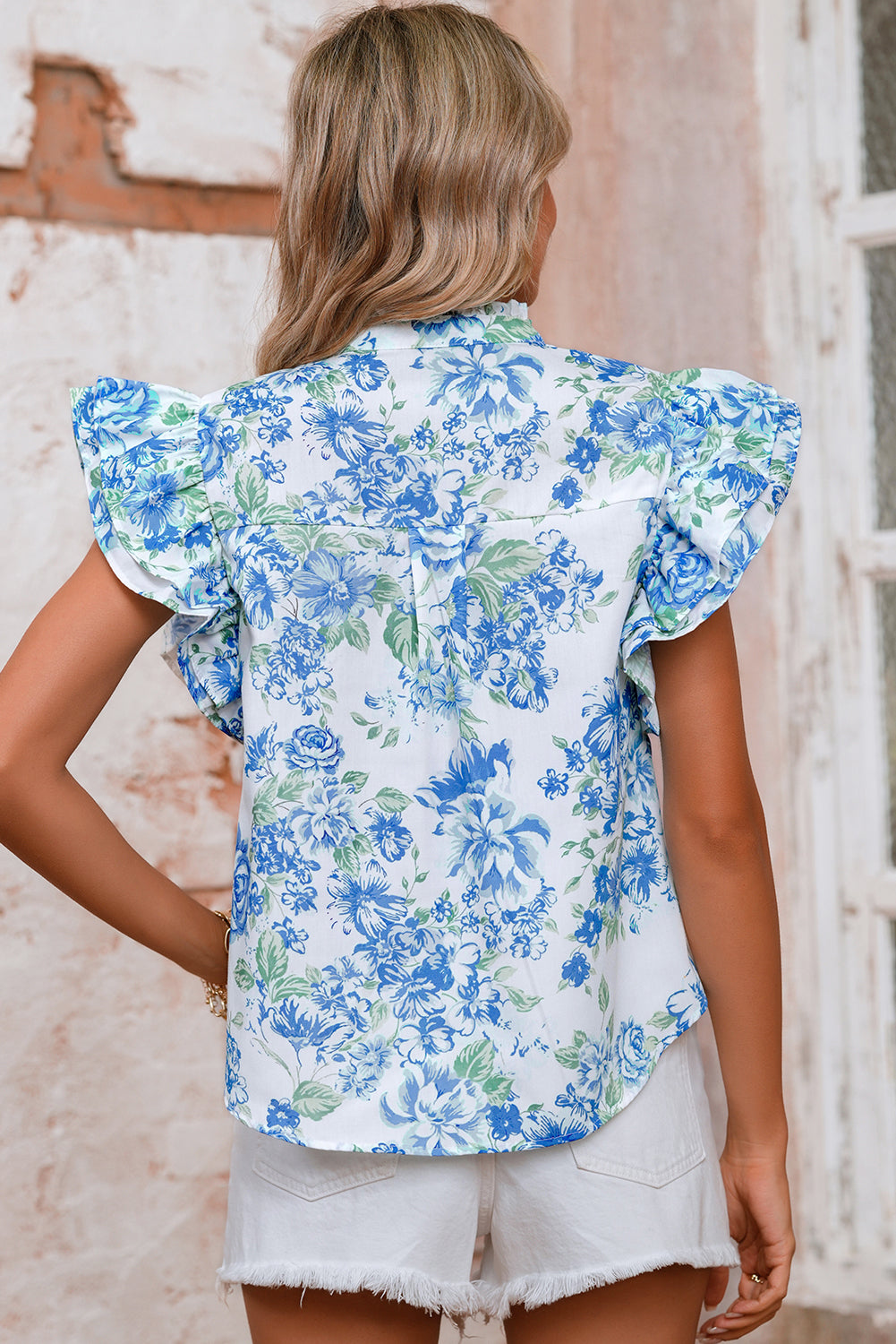 Floral Print Flutter Sleeve Frill Blouse Shewin Blouses