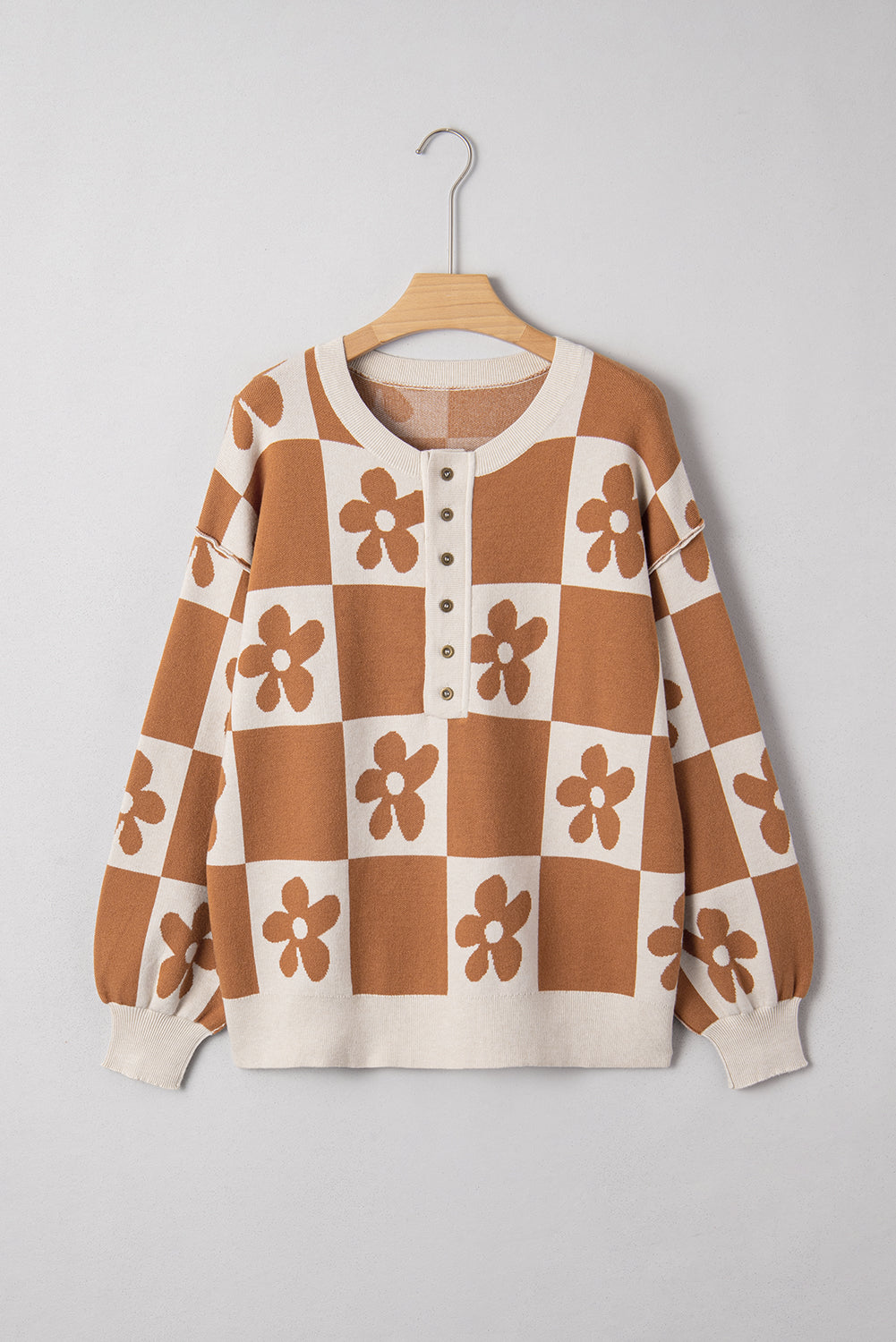 Brown Flower Colorblock Checkered Henley Sweater