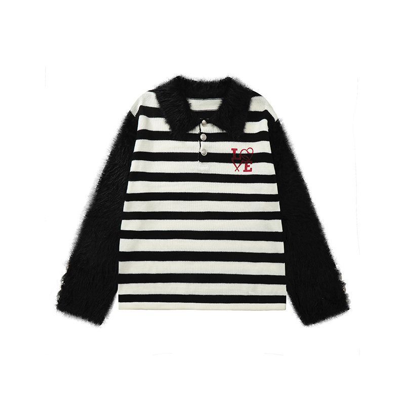 American Retro Striped Furry Lapel Sweater
