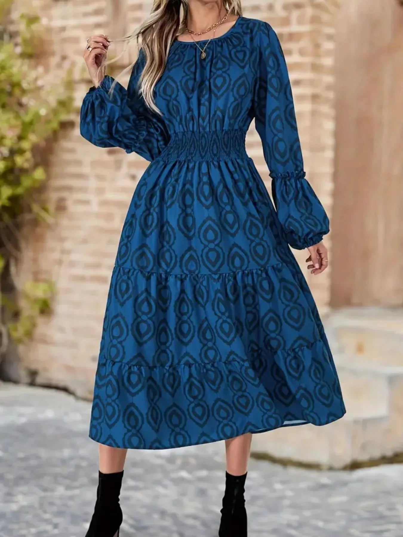 Printed Round Neck Balloon Sleeve Dress Trendsi Long Sleeve Printed Midi Dress