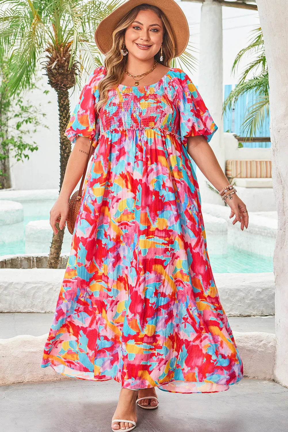 Rose Abstract Printed Puff Sleeve Square Neck Smocked Bust Tied Back Plus Size Dress Rose 100%Polyester Dear-Lover Dropshipping Plus Size/Plus Size Dresses/Plus Size Maxi Dresses