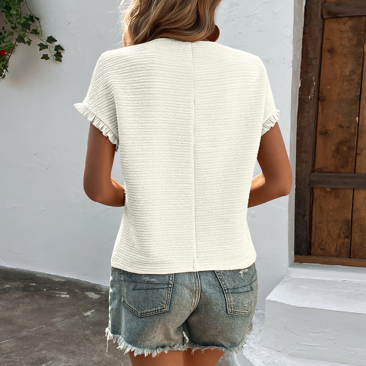 Women’s Ruffle Sleeve Knit Top – Casual Round Neck Commuter Shirt CJ Dropshipping Short Sleeve Knit Top