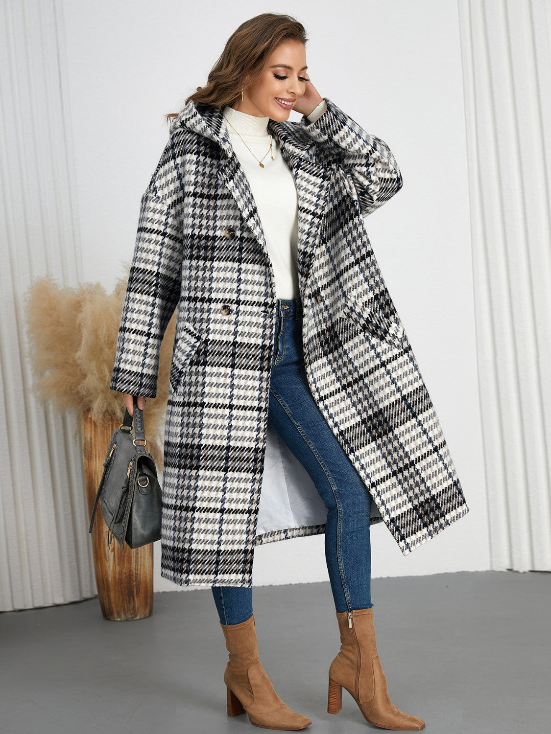 Plaid Double-Breasted Hooded Dress Coat