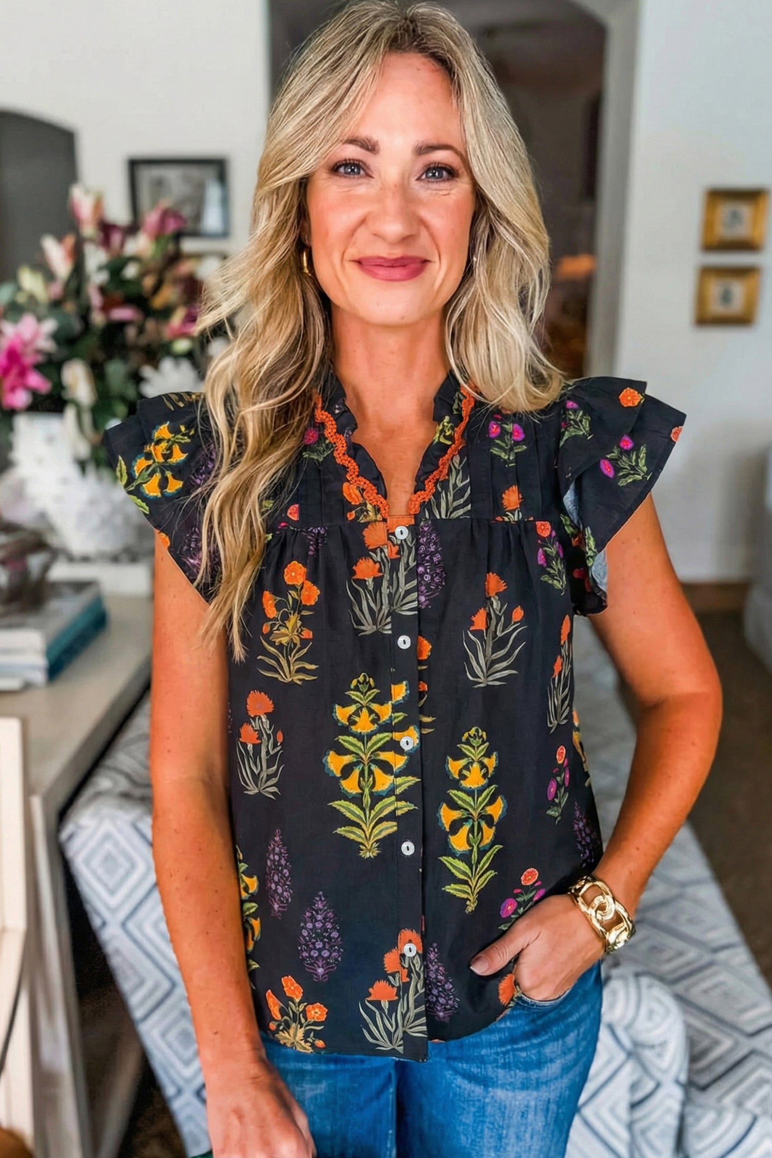 Black Floral Print Lace Trim Frilled V Neck Short Sleeve Shirt Shewin Blouses & Shirts