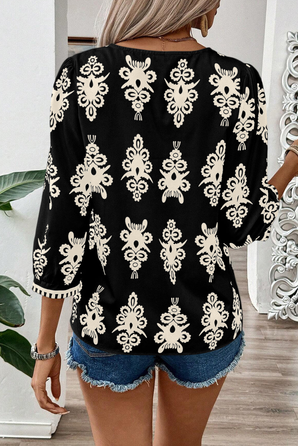 Black Vintage Geo 3/4 Sleeve V Neck Blouse