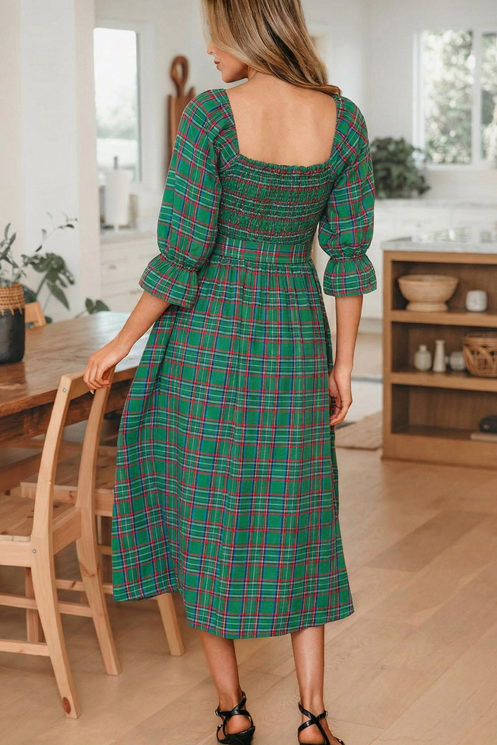 Tartan Plaid Square Neck Puff Sleeve Flared Midi Dress Bazaarre Mart Dresses/Maxi Dresses